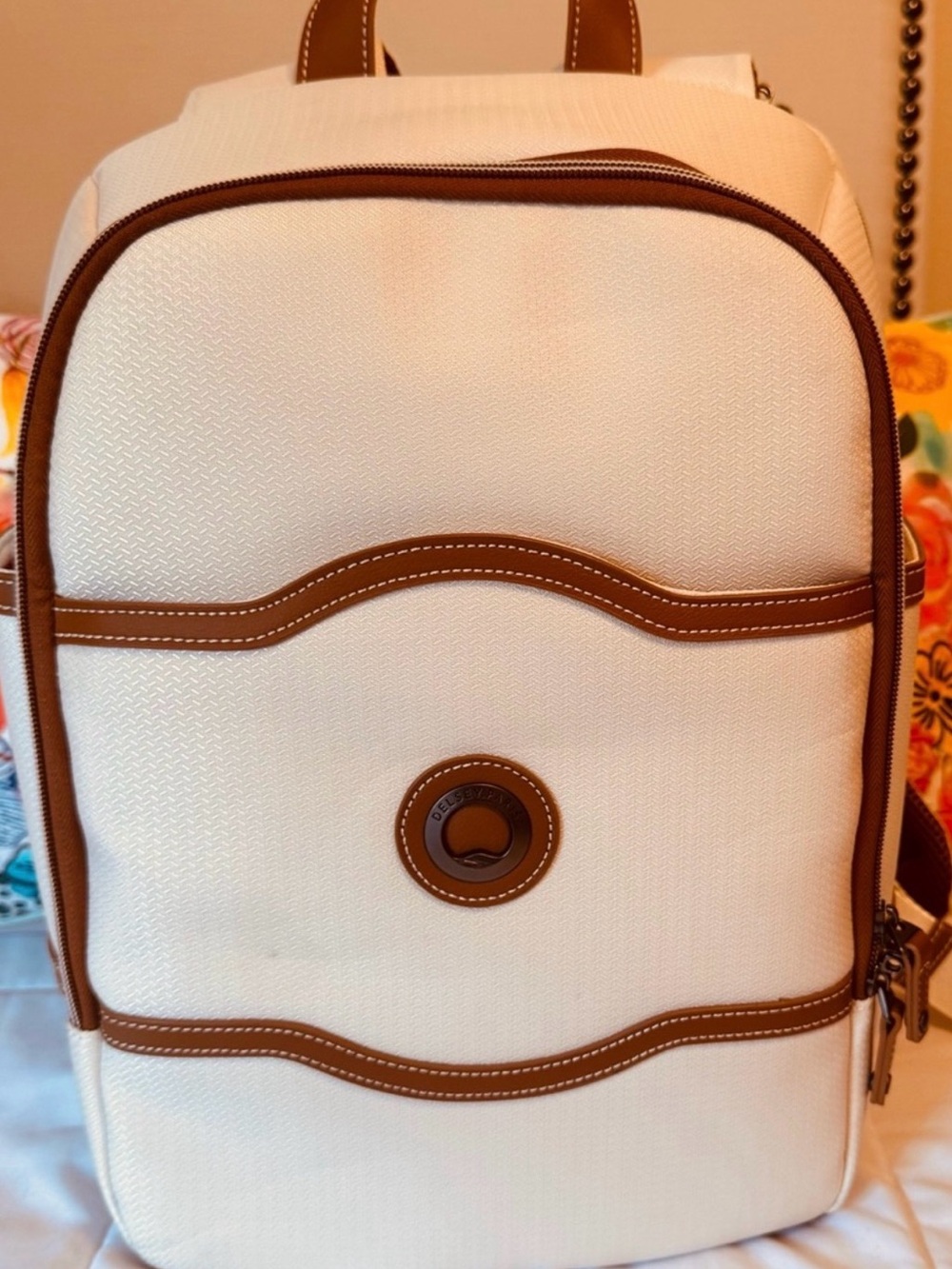 Delsey Cream Canvas Backpack with Brown Trim